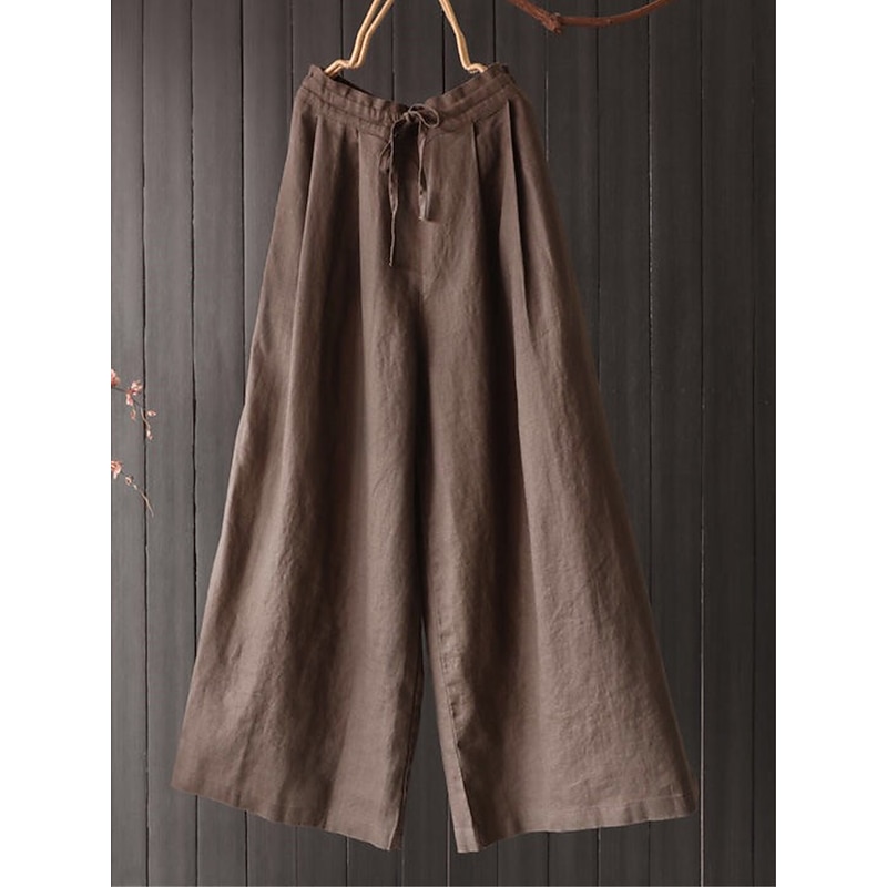 Women's Wide Leg Pants Trousers Vacation Vintage Streetwear Full Length High Waist Plain Drawstring Elastic Waist High Cut Comfort Breathability Soft Micro-elastic Vacation Home Street Black Red4