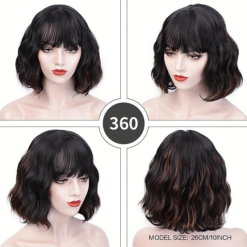10 Inch Short Wavy Bob Wigs With Bangs For Women Black Mixed Brown Short Wavy Bob Curly Wigs Synthetic Natural Looking Heat Resistant Fiber Wigs4