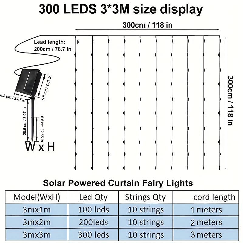 Outdoor Solar Curtain String Light, 3 * 3M-300LED/3 * 2M-200LED/3 * 1M-100LED, 8 Lighting Modes, IP65 Waterproof, Suitable for Home Garden, Porch, Backyard Wedding Parties, Thanksgiving Christmas3