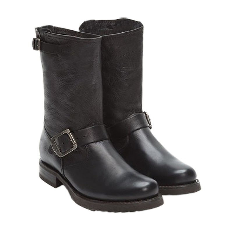 Women's Black Faux Leather Motorcycle Boots with Buckle Strap, Mid-Calf Design, and Rugged Sole for Biker and Casual Wear4