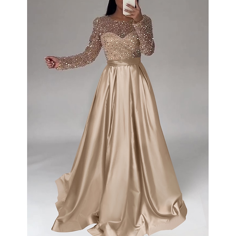 A-Line Gold Evening Gown Elegant Dress Wedding Black Tie Floor Length Long Sleeve Jewel Neck Satin with Sequin Masquerade Dress