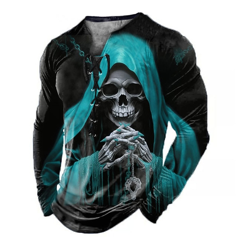 Men's Graphic Grim Reaper Skeleton Skulls T Shirt Long Sleeve T shirt 3D Print Collar Shirt Fashion Daily Outdoor Casual Holiday Going out Red Blue Purple Spring &  Fall Clothing Apparel S M L XL 2XL2