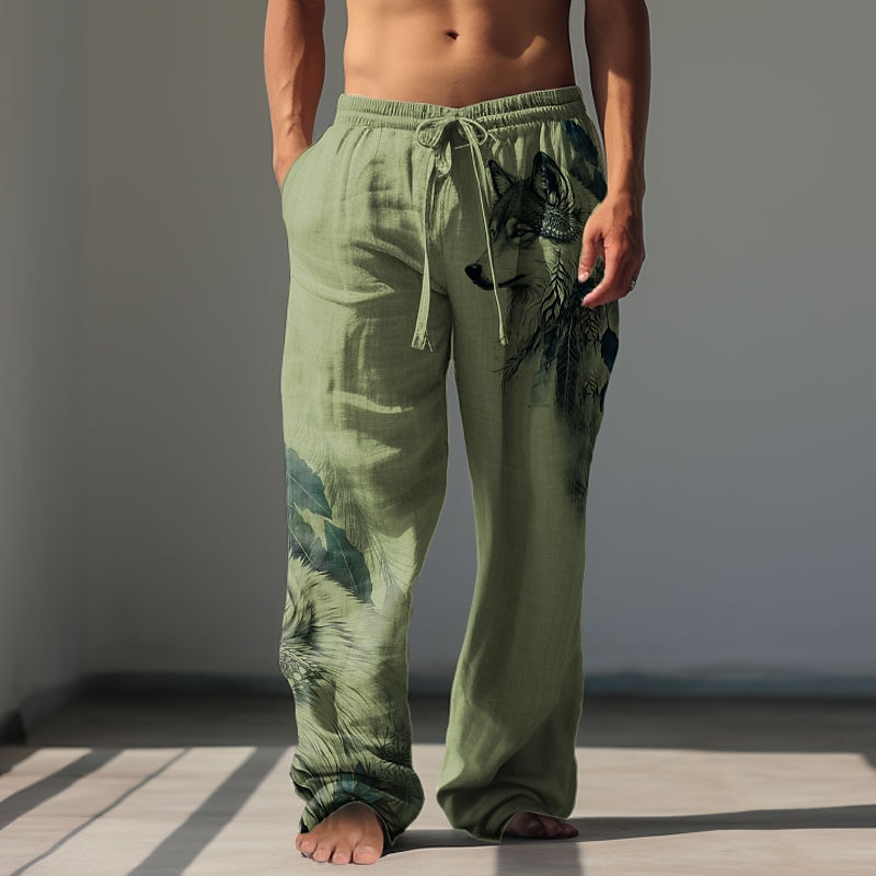 Men's Animal Wolf Linen Pants Pants Trousers Baggy Pants Mid Waist Vintage Outdoor Daily Wear Streetwear Fall & Winter Green Khaki Gray4