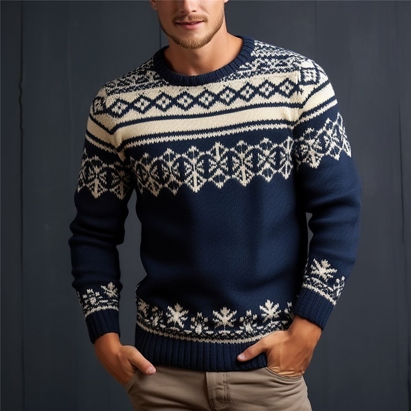 Ugly Christmas Sweater Men's Printed Sweaters Snowflake Print Knitting Pullover Jumper Knitwear New Years Eve Sweater Outdoor Daily Vacation Long Sleeve Crewnecks Navy Blue Blue Dark Blue Fall Winter4