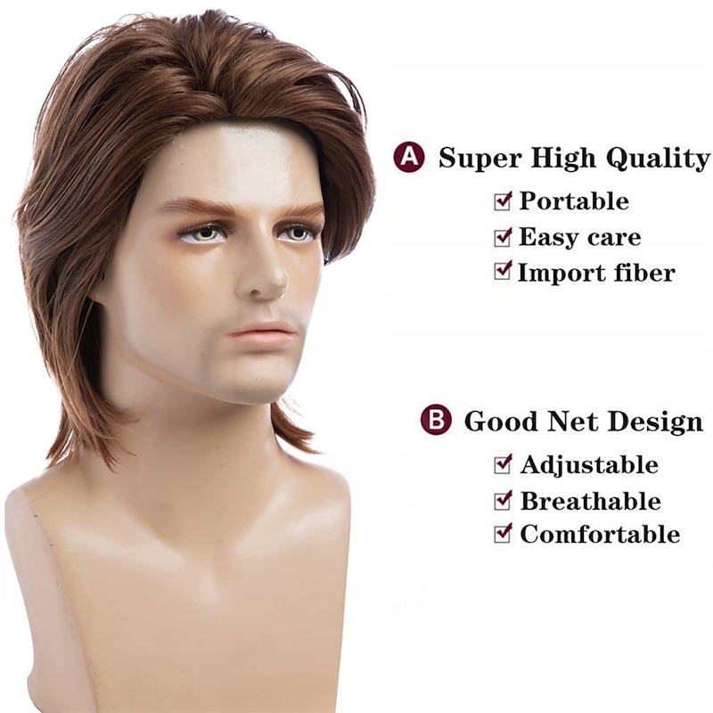 Mens Brown Wig Short Fluffy Natural Hair Synthetic Halloween Cosplay Costume Party Full Wigs2