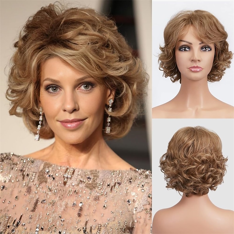Short Curly Light Brown Wigs for Old Lady Layered Curly Wig with Bangs Wavy Brown Wig with Dark Roots Natural Synthetic Hair for Daily Party Cosplay Custume