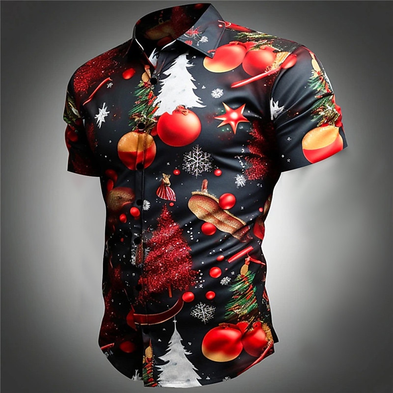 Christmas Santa Claus Tree Bell Casual Men's Shirt Daily Wear Going out Weekend Autumn / Fall Turndown Short Sleeves Black, White, Red S, M, L 4-Way Stretch Fabric Shirt2
