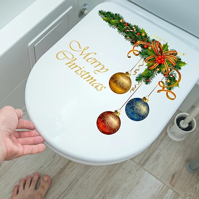 Christmas Wreath Christmas Ball Pattern Sticker, Toilet Lid Decorative Sticker, Toilet Lid Decal, Toilet Cover Sticker, Restroom Renovation Removable Stickers3