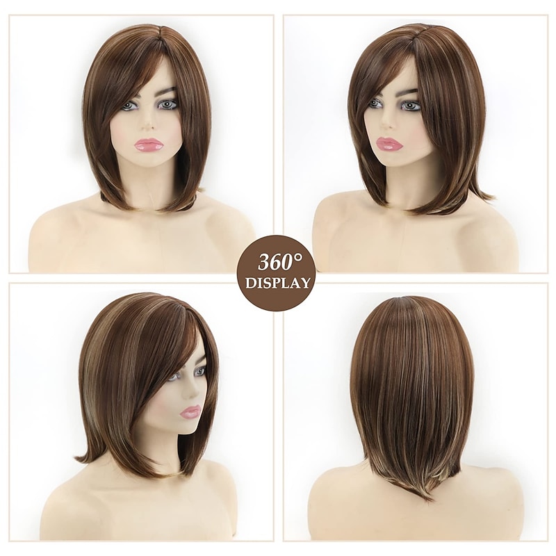 Short Brown Mixed Blonde Bob Wigs for White Women Shoulder Length Synthetic Hair Wigs with Side Bangs Straight Blonde Highlights Women's Bob Wig4