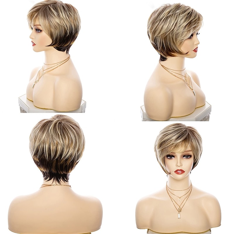 Curly Ombre Blonde Pixie Cut Wigs for White Women,Layered Wig Brown to Blonde Gradient Short Pixie Bob Cut Wig with Bangs Short Cute Wig for Women Highlight Wig(Ombre Brown to Blonde)3