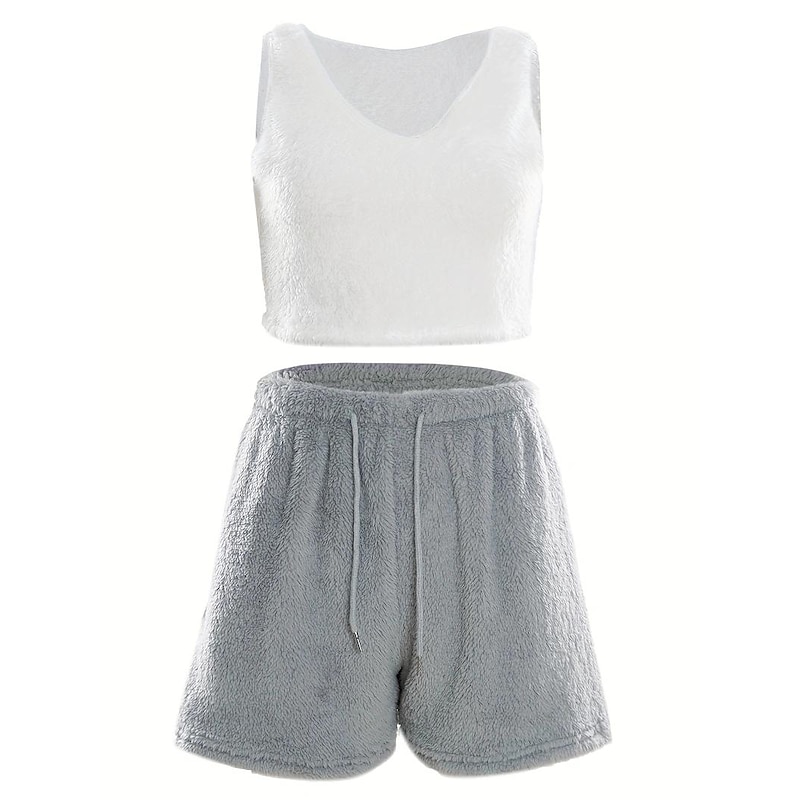 Warm Fuzzy Pajama Set 3PCS Long Sleeve Hooded Robe & Tank Top & Drawstring Shorts Women's Sleepwear & Loungewear4