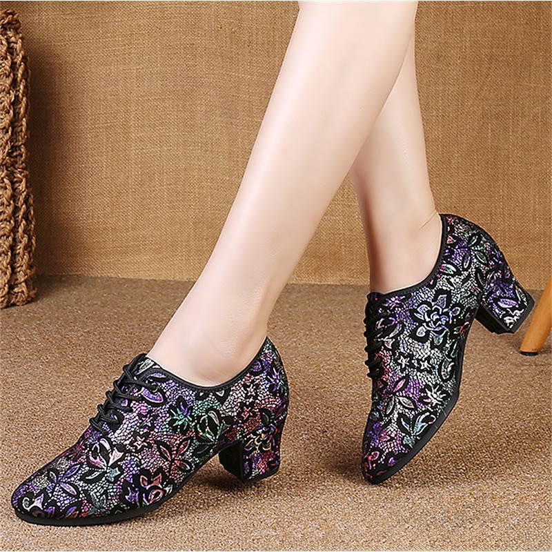 Women's Colorful Floral Latin Dance Shoes, Lace - Up Ballroom Dance Heels with Medium Heel for Eye - Catching Performances4