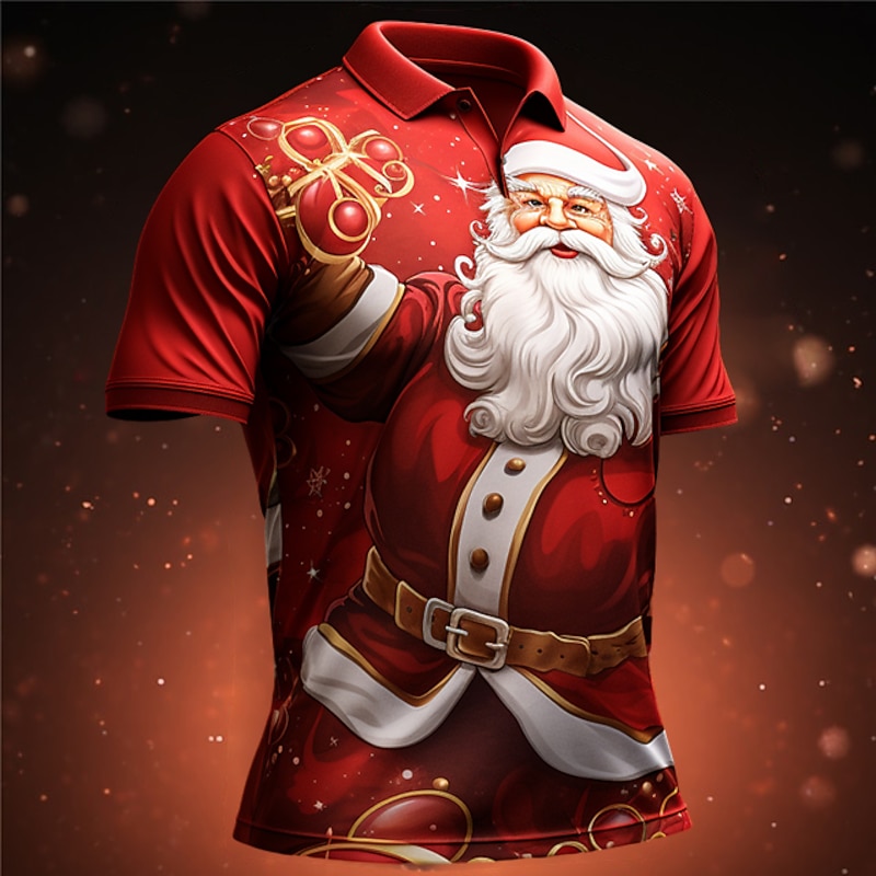 Christmas Men's Santa Claus 3D Polo Santa Claus Casual Golf Short Sleeve Outdoor Daily Wear Streetwear Autumn / Fall 3D Print Turndown Black Black / Red Red Polyester3