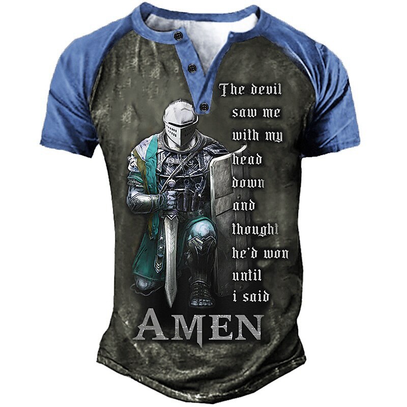 Men's T shirt Tee Henley Shirt Graphic Tee Slogan T Shirts Templar Cross Soldier Henley Navy Blue Blue Green Gray 3D Print Plus Size Outdoor Daily Short Sleeve Patchwork Button-Down Clothing Apparel4