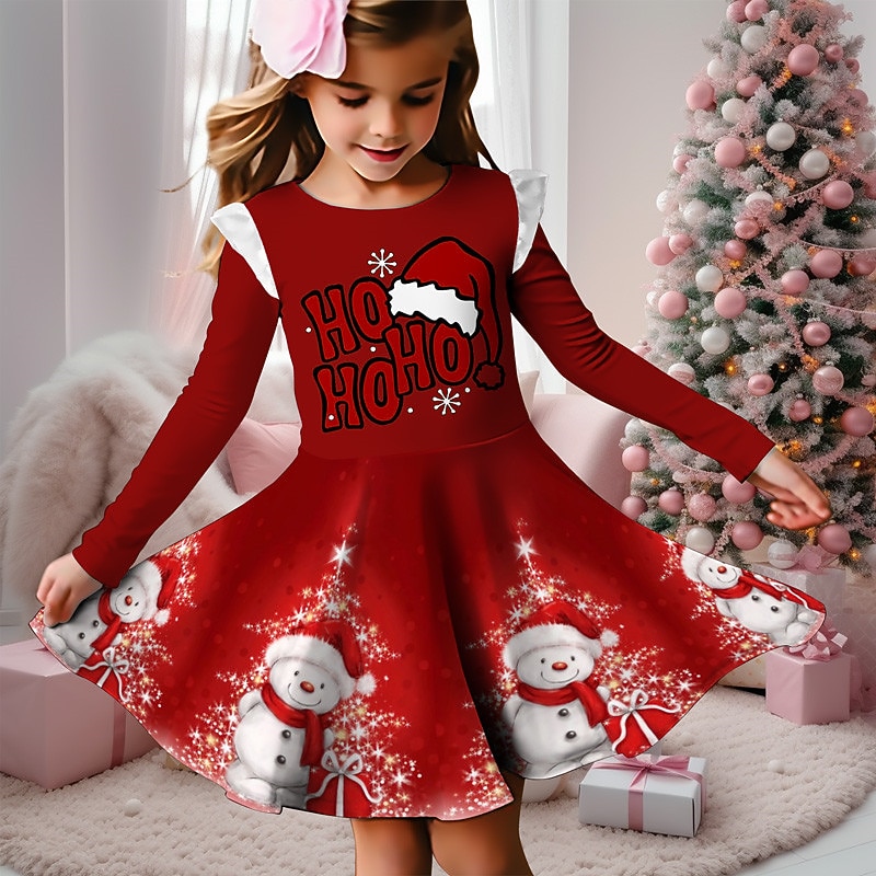 Christmas Girls' 3D Snowman Snowflake Christmas Dress Snowflake Dress Ruffle Dress Long Sleeve 3D Print Fall Winter Sports & Outdoor Daily Holiday Cute Casual Beautiful Kids 3-12 Years Casual Dress A4
