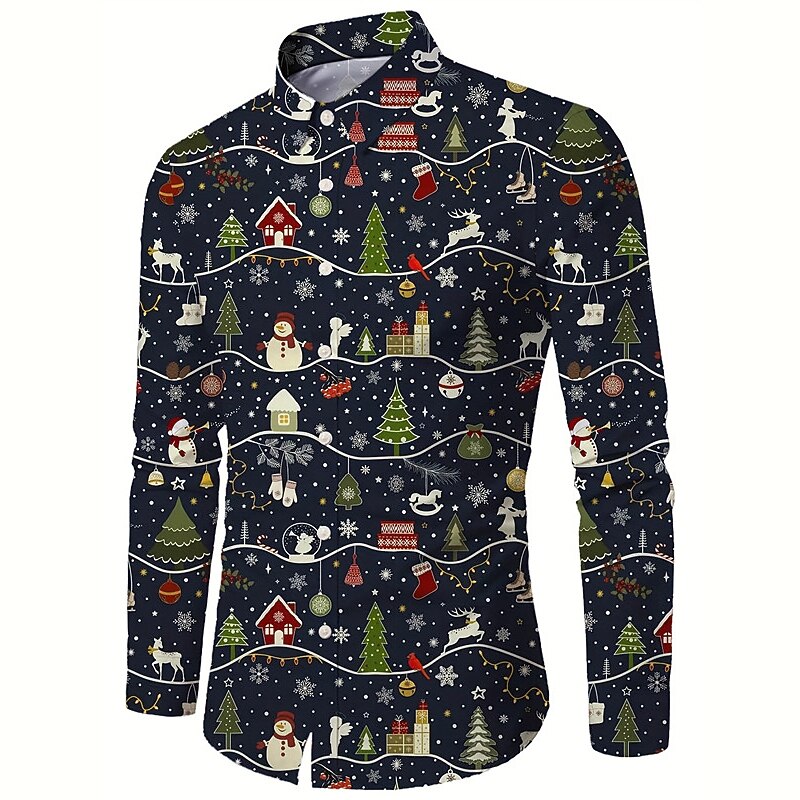 Christmas Tree Casual Men's Shirt Daily Wear Going out Fall & Winter Turndown Long Sleeve Dark Navy S, M, L 4-Way Stretch Fabric Shirt2