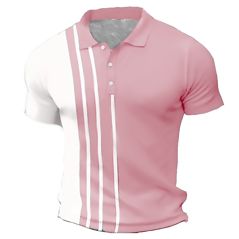 Men's Waffle Polo Shirt Golf Shirt Work Street Polo Collar Classic Short Sleeve Fashion Casual Striped Button Front Summer Spring Spring & Summer Regular Fit Black Pink Army Green Blue Light Grey4