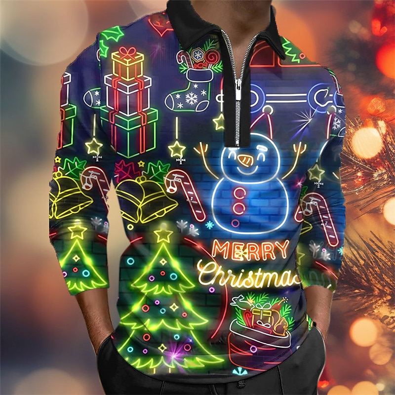Christmas Men's Christmas Light 3D Zipper Polo Snowman Tree Casual Print 3D Zip Golf Outdoor Casual Daily Streetwear Polyester Long Sleeve Turndown Zip Shirts Black Blue Fall & Winter S M L2