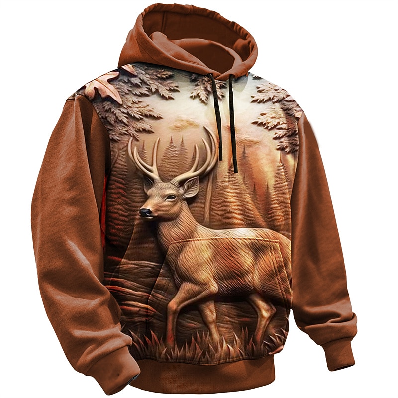 Men's Graphic Deer Hoodie Hoodies Sweatshirt Fashion Daily Long Sleeve Hooded Vacation Sports Outdoor Holiday Blue Brown Print Front Pocket Spring &  Fall Designer