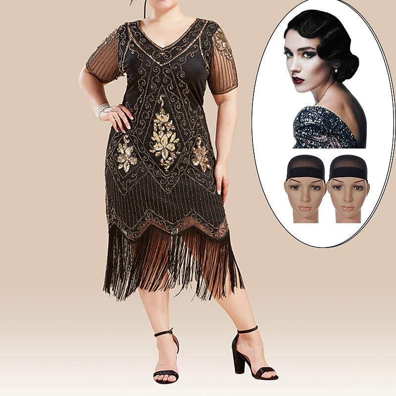 Set with Flapper Dress Finger Wave Wig 2 Wig Caps 3 PCS Outfits Roaring 20s 1920s Cocktail Dress Vintage Dress Plus Size Great Gatsby Women's Cosplay Costume Prom Masquerade Attire Christmas Party