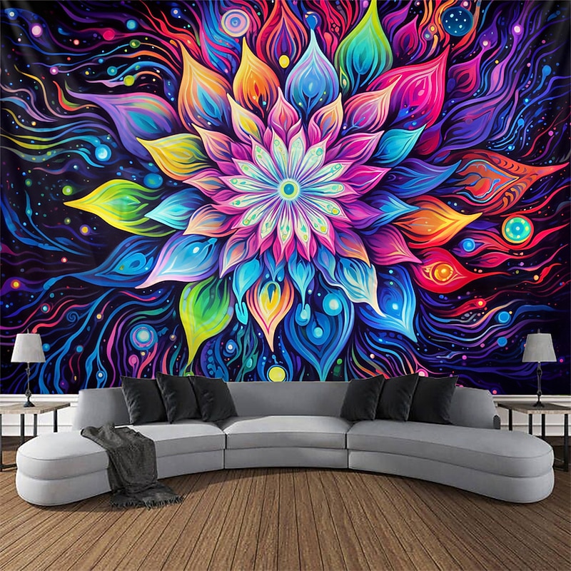 Blacklight Tapestry UV Reactive Glow in the Dark Glow Party Neon Mandala Bohemian Trippy Misty Hanging Tapestry Wall Art Mural for Living Room Bedroom3