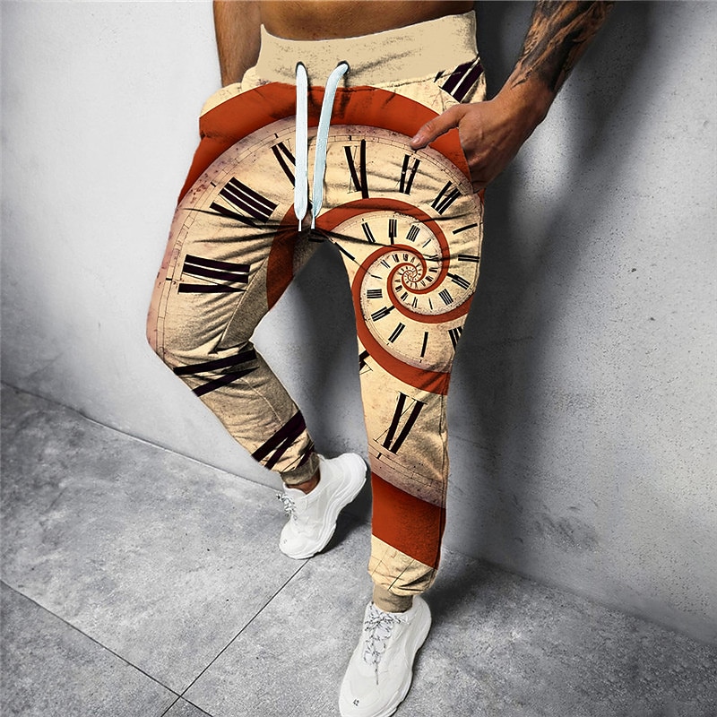 Clock Vintage Men's 3D Print Sweatpants Pants Trousers Outdoor Street Casual Daily Polyester Khaki Beige S M L High Waist Elasticity Pants2