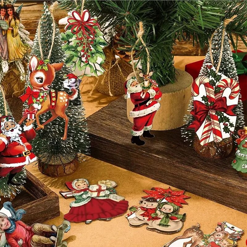 20pcs Christmas Tree Ornaments Xmas Wooden Santa Claus Christmas Crutches Green Garland Hanging Decoration Pendant For Outdoor Festival Party Gift (with Rope)4