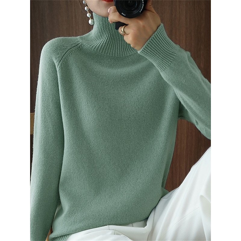Women's Pullover Sweater Jumper Fashion Streetwear Casual Solid Color Ribbed Stand Collar Knitted Long Sleeve Regular Tops Knit Outdoor Daily Holiday Black White Fall Winter4