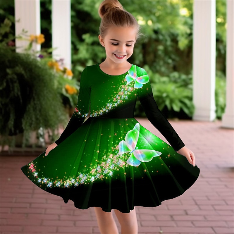 Girls' 3D Butterfly Dress Long Sleeve 3D Print Fall Winter Vacation Sports & Outdoor Daily Cute Casual Beautiful Kids 3-12 Years Casual Dress A Line Dress Above Knee Regular Fit4