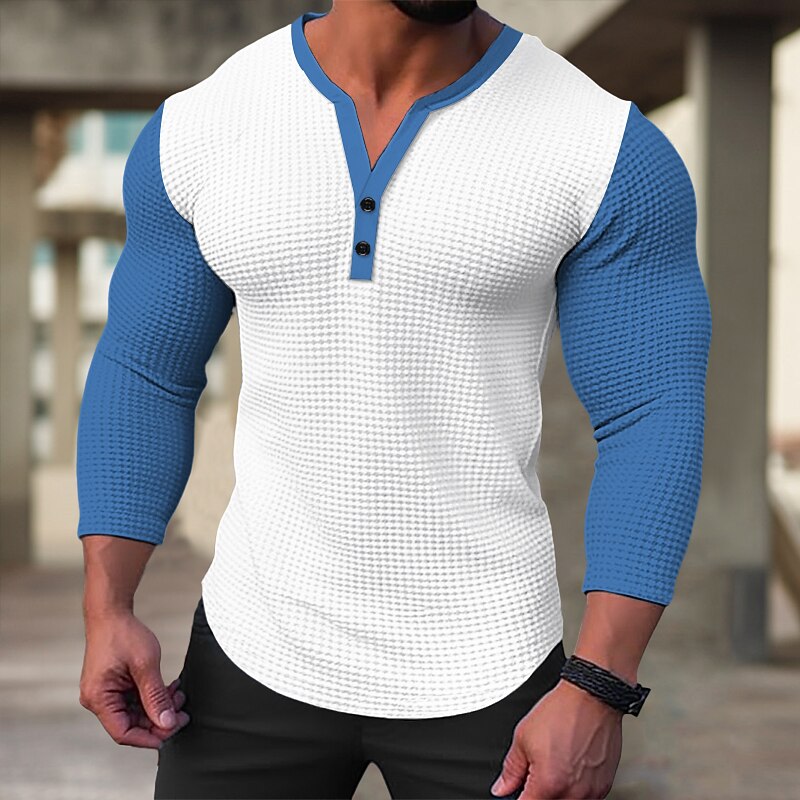 Men's Waffle Tee Waffle Shirt Button T Shirt T Shirt Long Sleeve Henley Spring &  Fall Color Block Fashion Designer Basic Patchwork Vacation Street Going out Black White Blue Top Tee for Men3