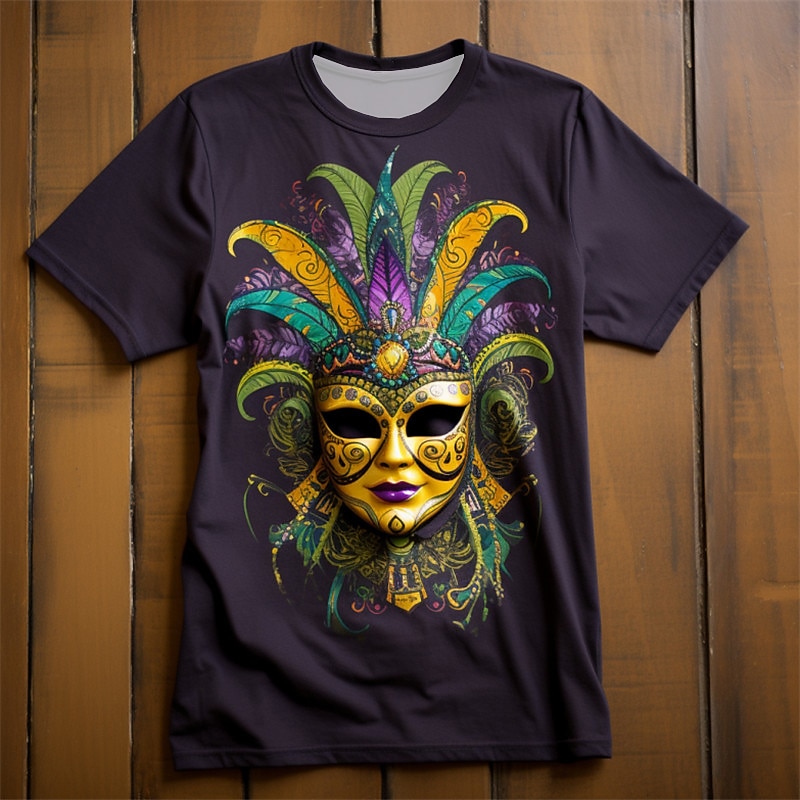 Carnival Graphic Mask Mardi Gras Daily Designer Retro Vintage Men's 3D Print T shirt Tee Sports Outdoor Holiday Going out T shirt Deep Purple Black Purple Short Sleeve Crew Neck Shirt Spring &2
