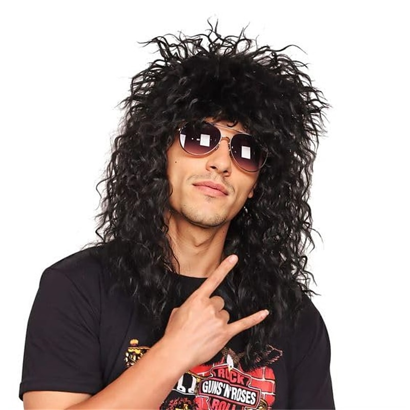 Mens 80s Wig Long Black Curly Wigs Rocker Costume Wig Men Fashion Smart Rocker Style Wig cosplay wig for Carnival
