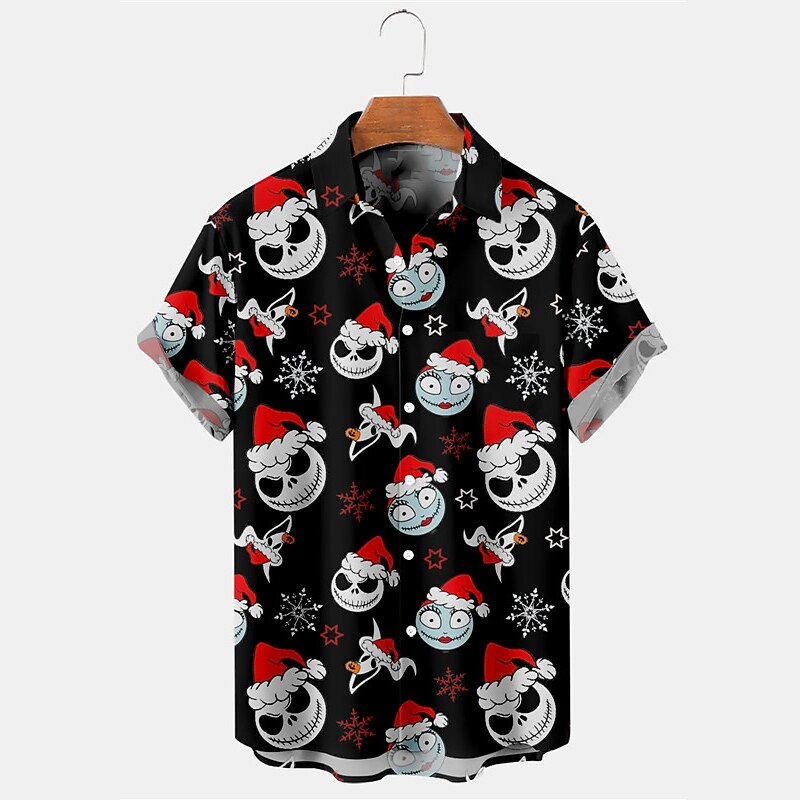 Christmas Men's Funny Christmas Printed Shirts Skull Gothic Daily Wear Going out Weekend Autumn / Fall Turndown Short Sleeves Black, Burgundy, Dark Navy S, M, L 4-Way Stretch Fabric Shirt