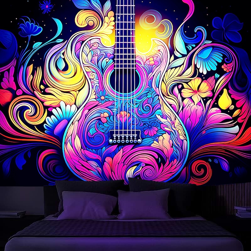 Blacklight Tapestry UV Reactive Glow in the Dark Glow Party Neon Trippy Misty Guitar Rock Hanging Tapestry Wall Art Mural for Living Room Bedroom
