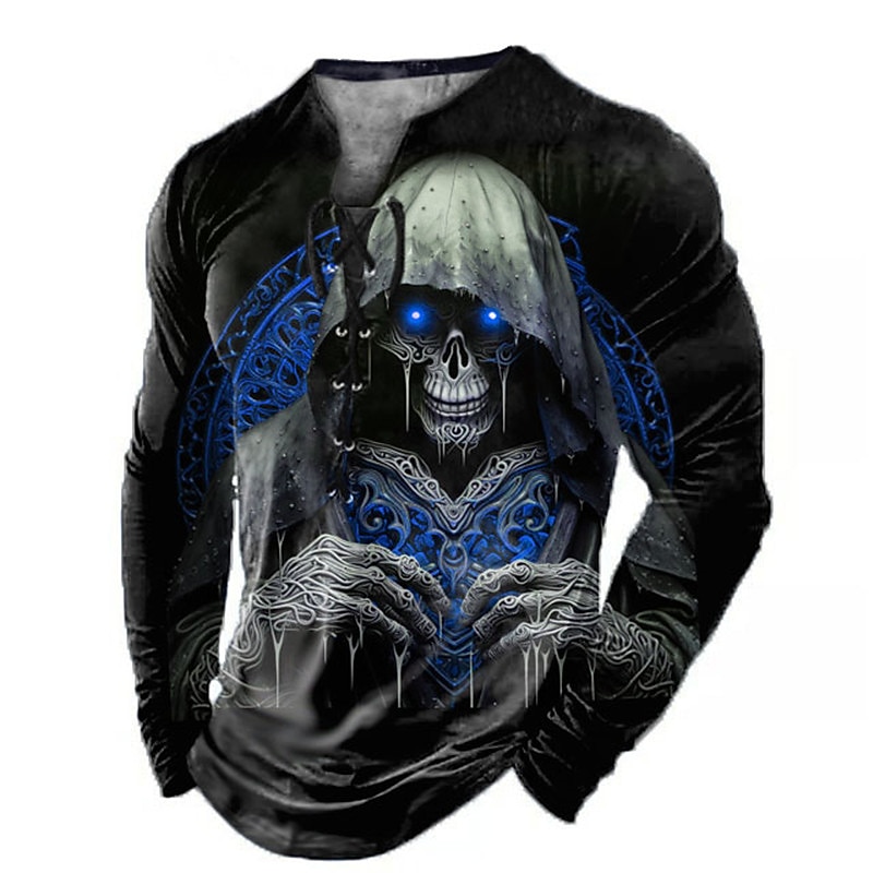 Men's Graphic Skull T Shirt Long Sleeve T shirt 3D Print Collar Shirt Fashion Daily Outdoor Casual Holiday Going out Blue Red Purple Spring &  Fall Clothing Apparel S M L XL 2XL 3XL4