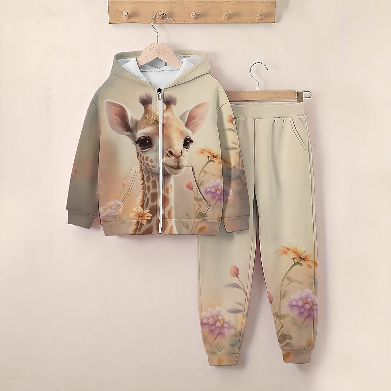 Girls' 3D Giraffe Hoodie & Sweatpants Set Long Sleeve 3D Printing Fall Winter Active Fashion Cute Kids 3-12 Years Zip Hooded Outdoor Street Regular Fit