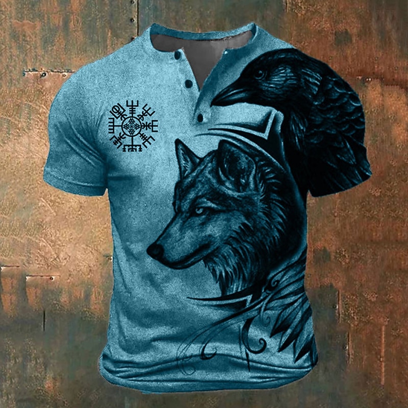 Men's Graphic Wolf Viking T Shirt Henley Shirt Short Sleeve 3D Print Fashion Retro Vintage Classic Sports Outdoor Holiday Going out Spring & Summer Blue Green Khaki Gray Henley Henley T-Shirt3