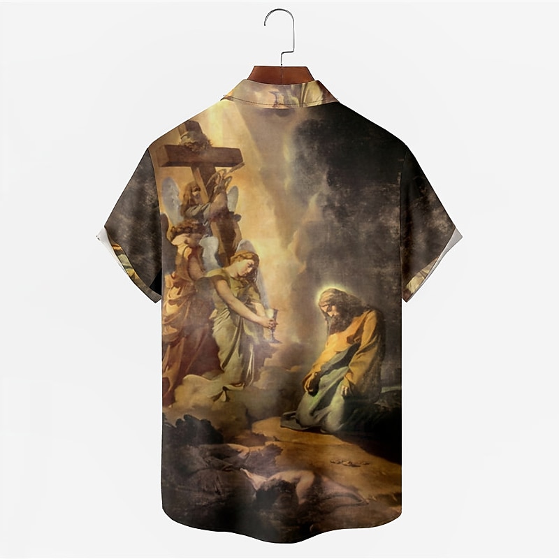 Men's Jesus Shirt Western Shirt Button Up Shirt Short Sleeve Vintage Daily Wear Going out Weekend Autumn / Fall Turndown Pocket Print Button-Down Brown2