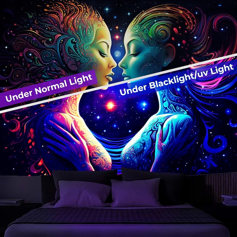 Blacklight Tapestry UV Reactive Glow in the Dark Glow Party Neon Trippy Misty Duel Women Hanging Tapestry Wall Art Mural for Living Room Bedroom4