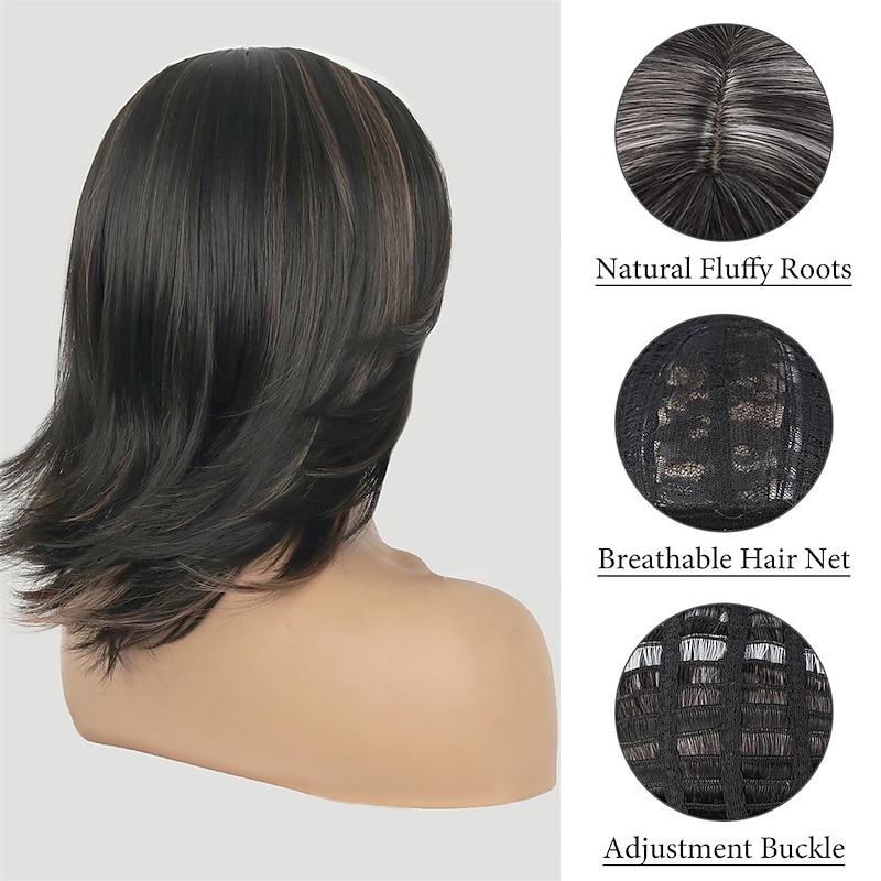 Short Highlight Dark Brown Bob Wig Curly Layered with Curtain Bangs for Black Women,Synthetic Ombre Highlight Blonde Curly Bob Brown Medium Length Wig Wavy Bob Layered Wig for White Women4