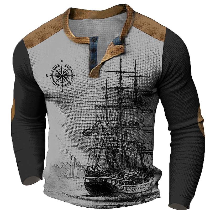 Men's Ship Nautical Compass Henley Shirt Waffle T Shirt Long Sleeve 3D Print Designer Retro Vintage Casual Sports Outdoor Holiday Festival Spring &  Fall Light Brown Blue Brown Green Gray Henley4