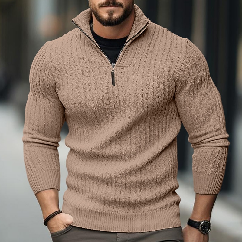 Men's Pullover Sweater Jumper Fall Sweater Quarter Zip Pullover Sweater Ribbed Knit Regular Zipper Knitted Plain Stand Collar Modern Contemporary Work Daily Wear Clothing Apparel Winter Black Navy4