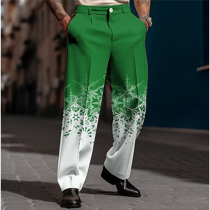 Christmas Men's Christmas Scene Printed Pants Snowflake Business Casual 3D Print  Trousers Outdoor Street Wear to work Polyester Black and White Wine Yellow S M L High Elasticity Pants4