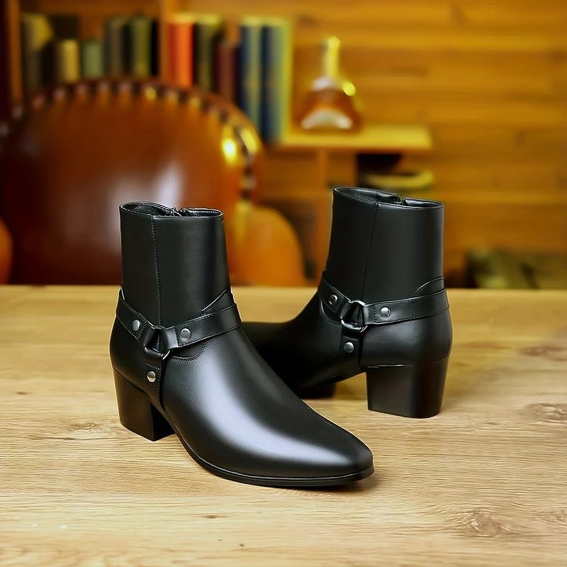 Men's Black Faux Leather Motorcycle Boots with Strap and Buckle Detail - Stylish Mid-Calf Ankle Boots3