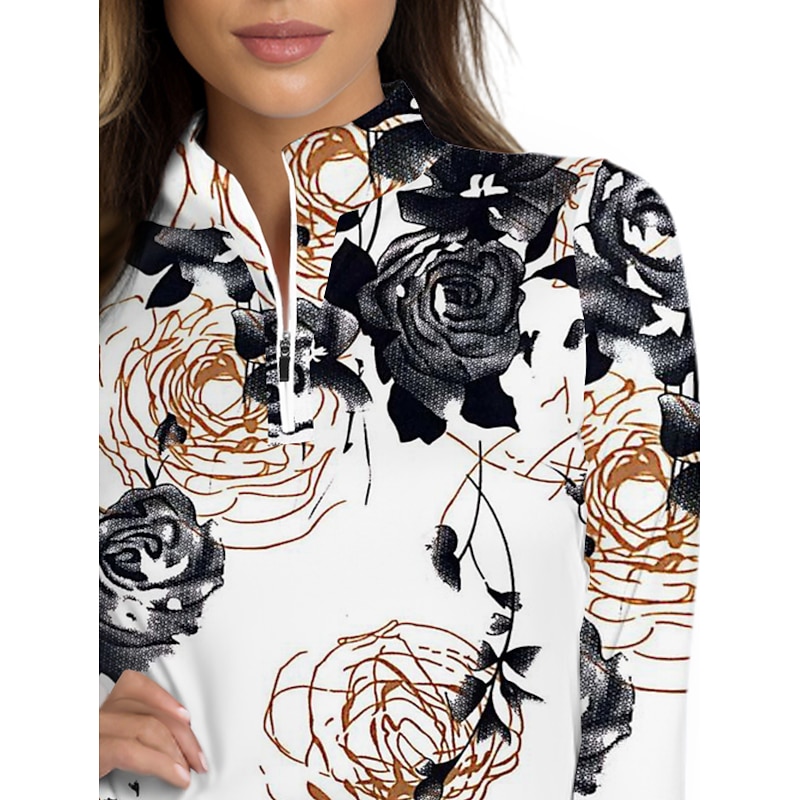 Women's Golf Polo Shirt White Long Sleeve Sun Protection Top Floral Fall Winter Ladies Golf Attire Clothes Outfits Wear Apparel4