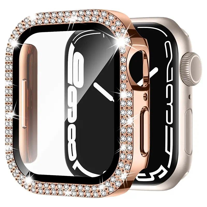 2 Pack Watch Case with Screen Protector Compatible with Apple Watch Series 8 7 41mm 45mm / Series 6 5 4 SE 40mm 44mm / Series 3 2 1 38mm 42mm Scratch Resistant Bling Diamond HD Clear Tempered Glass