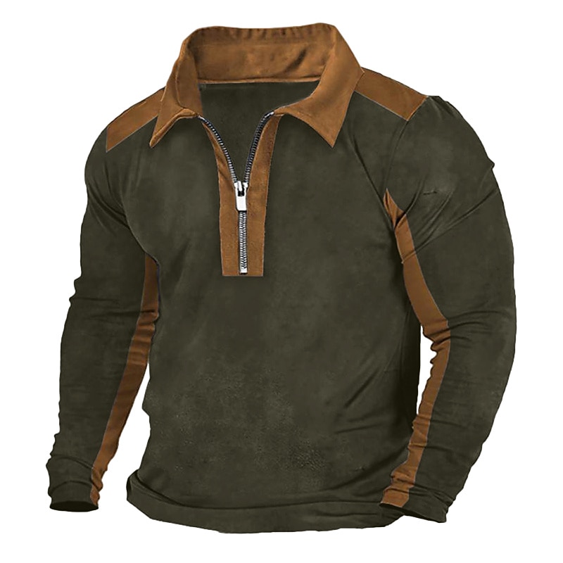 Men's Polo Shirt Quarter Zip Polo Work Daily Wear Lapel Long Sleeve Fashion Comfortable Color Block Pocket Zip Up Spring &  Fall Regular Fit Black Brown Army Green Dark Blue Polo Shirt4