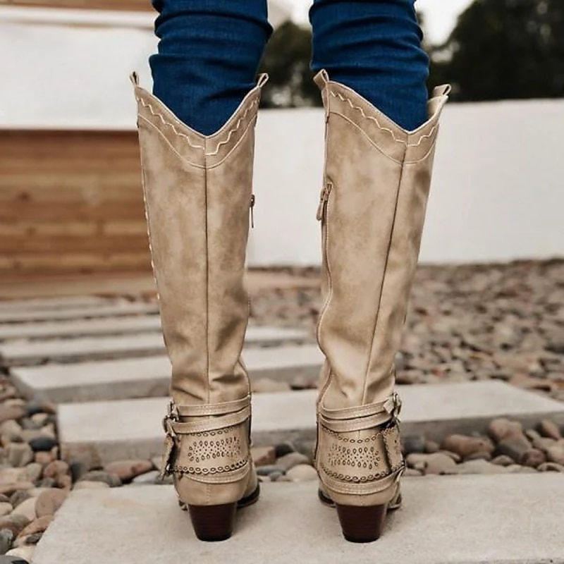 Women's Western Boots with Perforated Buckle Strap and Stitching Detail, Mid-Calf Cowgirl Boots for Casual and Outdoor Wear4