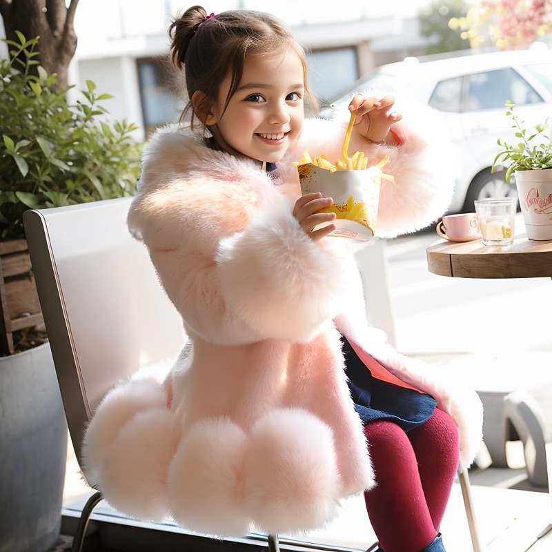 Kids Girls' Faux Fur Coat Solid Color Fashion Performance Cotton Coat Outerwear 2-9 Years Spring Black White Pink2