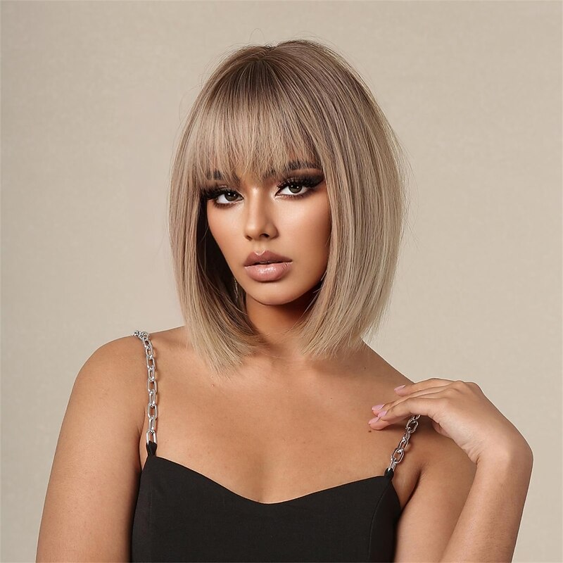 Prreey Bob Wig Human Hair Women Straight Short Blonde Wig 14inch with Adjustable Tab Brown Tea Natural Color Bob Wig with Bangs for Daily (Light Brown)3